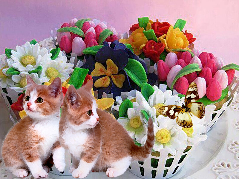 Two Kittens with Flowers — Pink