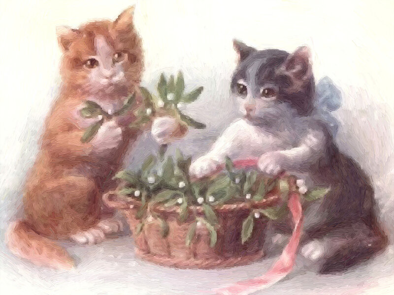 Two Kittens with Mistletoe