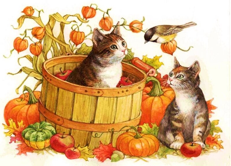 Two Kittens with Pumpkins