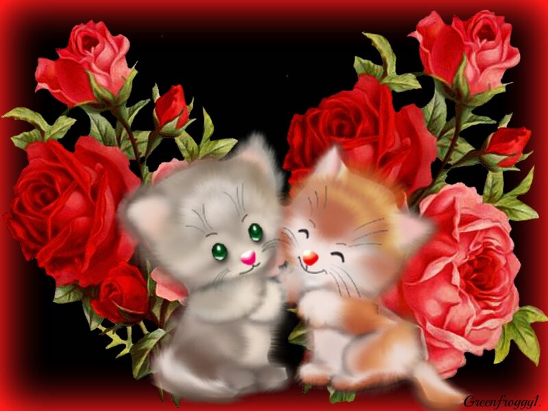 Two Kittens with Roses — Red