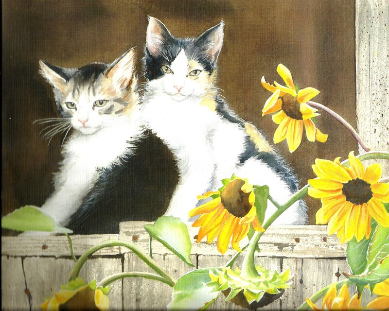 Two Kittens with Sunflowers