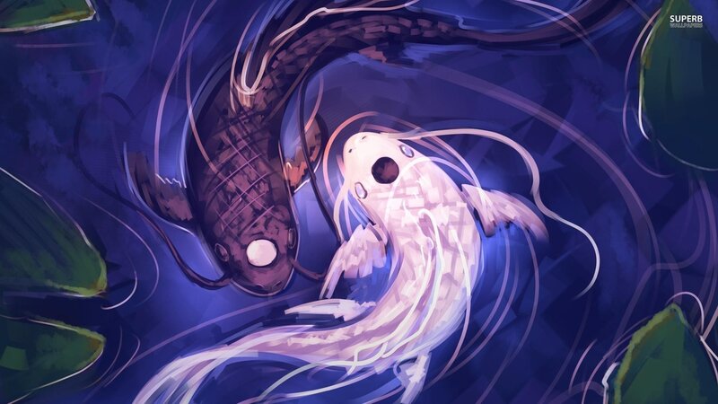 Two Koi Fish Swimming — Blue, Serene, Night, Digital Art
