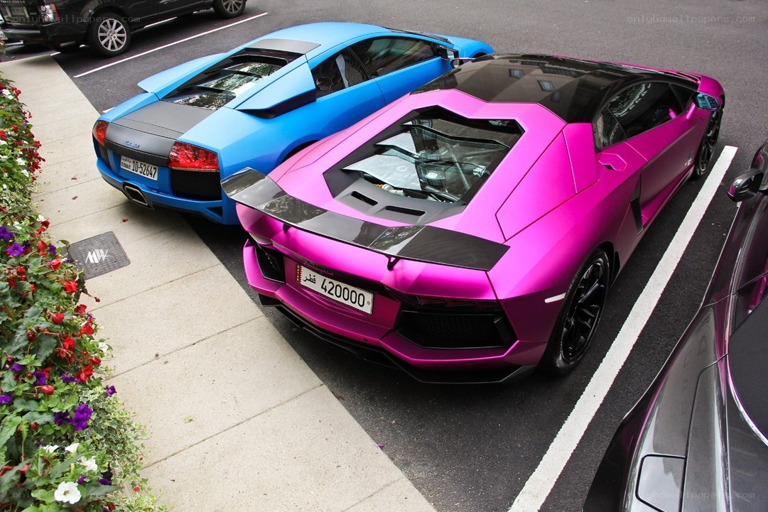 Two Lamborghini Aventadors parked