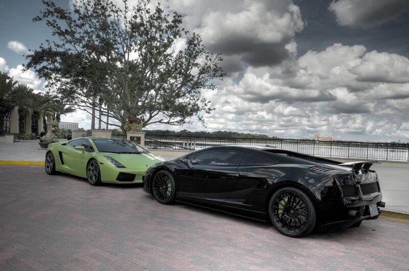 Two Lamborghini Cars — Black, Dramatic, Afternoon, Photograph, Tree