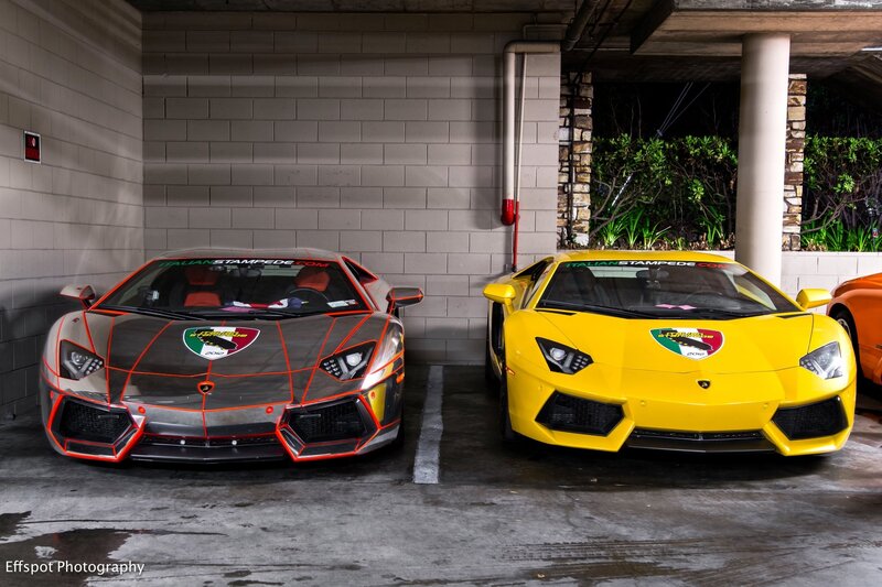 Two Lamborghini cars in garage