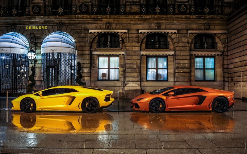 Two Lamborghini Cars — Yellow, Dramatic, Night