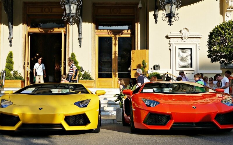Two Lamborghinis at a hotel