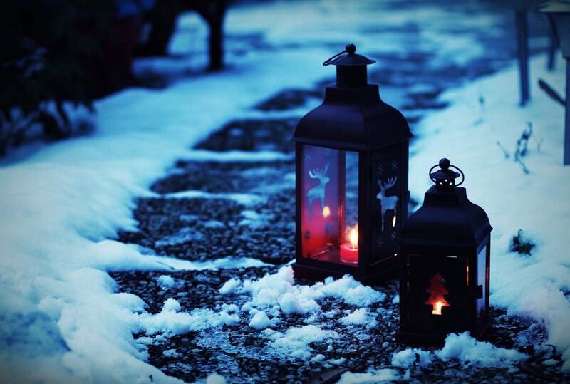 Two Lanterns in Snow — Blue, Calm, Night