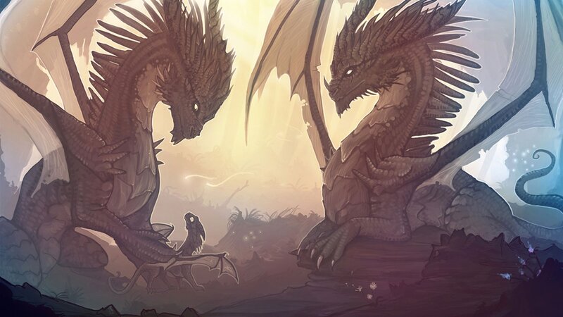 Two Large Dragons Facing — Brown