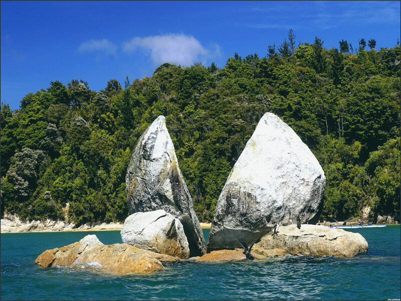 Two large rocks in a bay