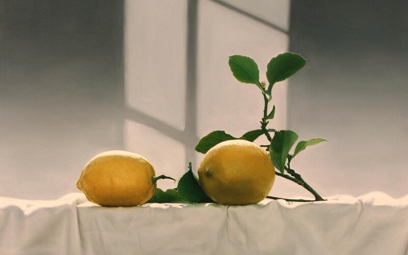 Two lemons with leaves