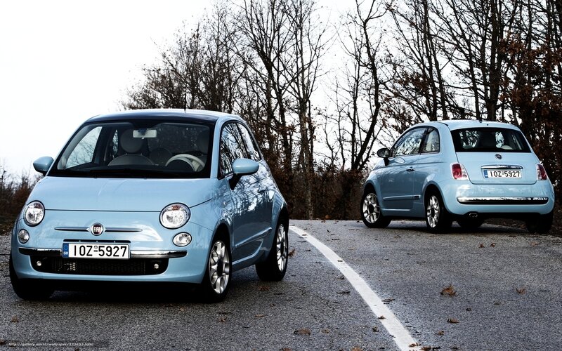 Two light blue Fiat 500 cars