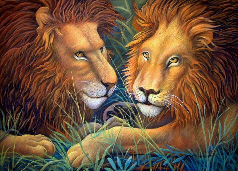 Two Lions in Grass — Brown, Calm, Painting