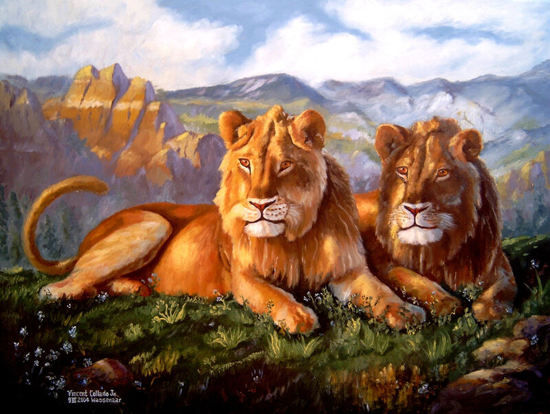 Two Lions Resting — Brown, Serene