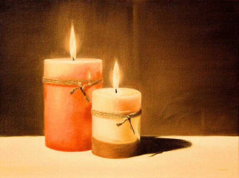 Two Lit Candles — Brown, Calm, Night, Painting