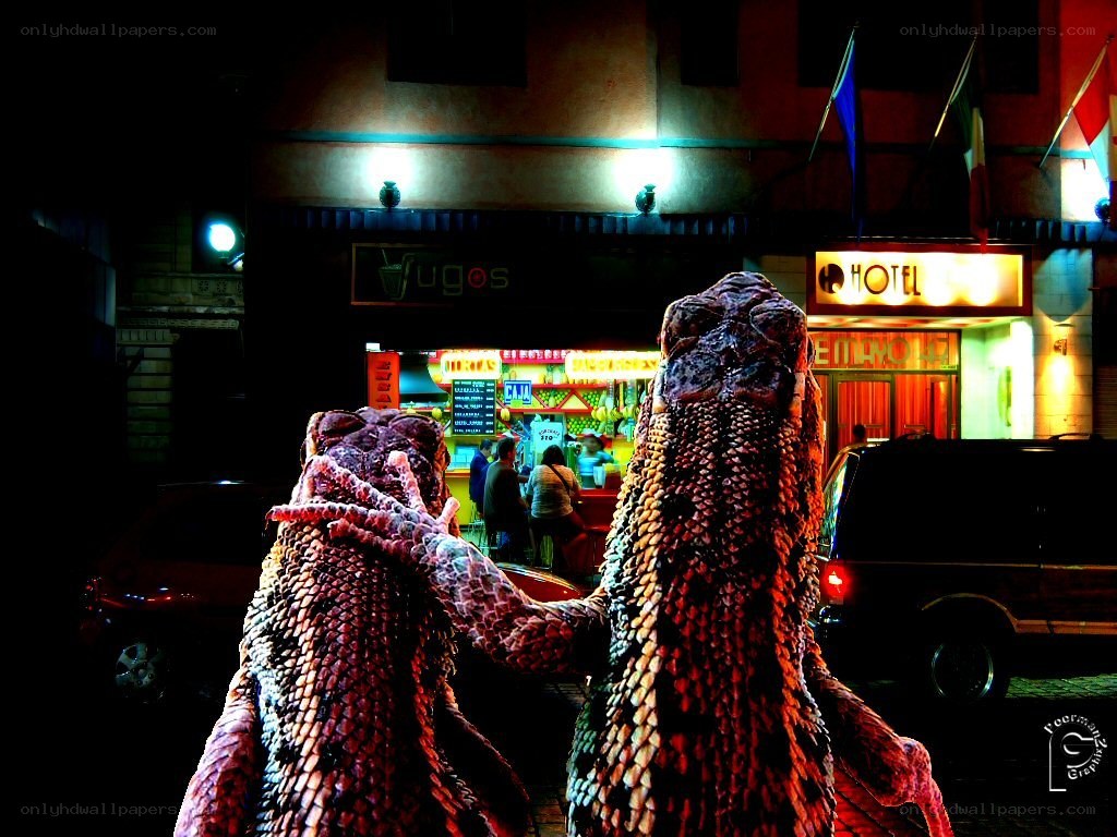 Two lizards in a city at night