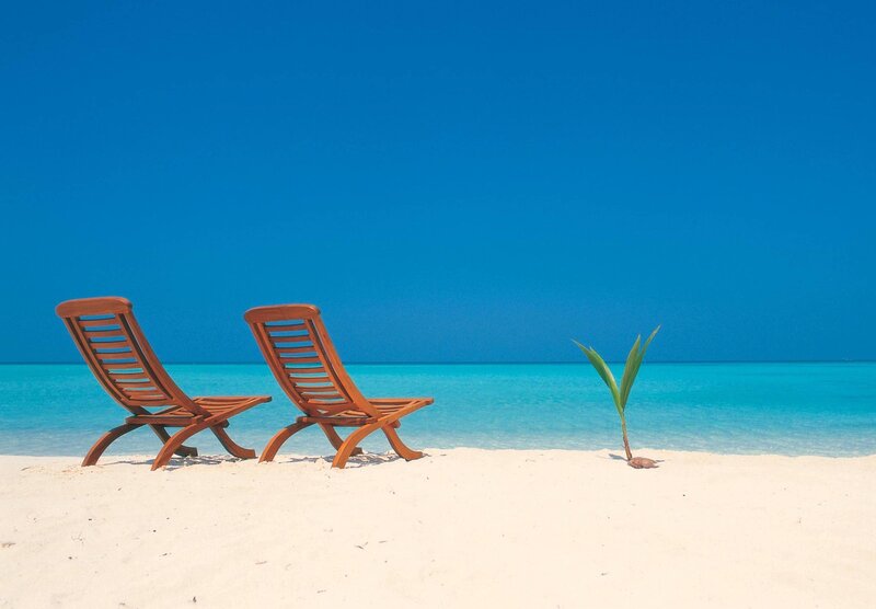 Two Lounge Chairs on Beach — Blue, Serene, Afternoon, Photograph, Lounge Chairs
