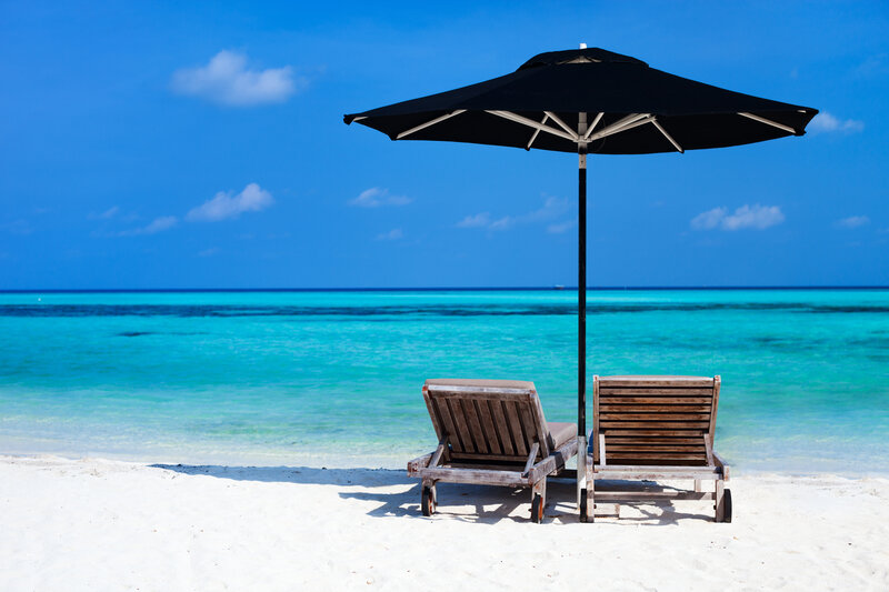 Two Lounge Chairs on Beach — Blue, Serene, Afternoon, Photograph, Umbrella