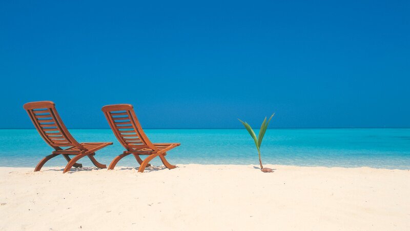 Two Lounge Chairs on Beach — Blue, Serene, Afternoon