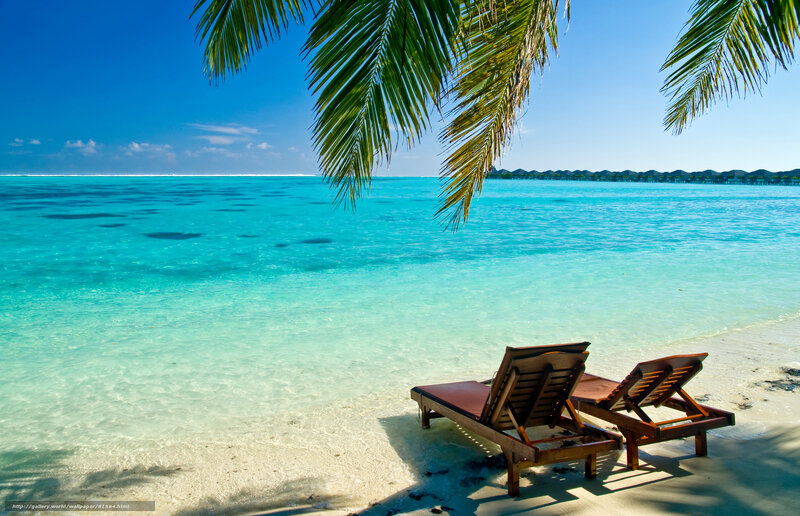 Two Lounge Chairs on Beach — Blue, Serene