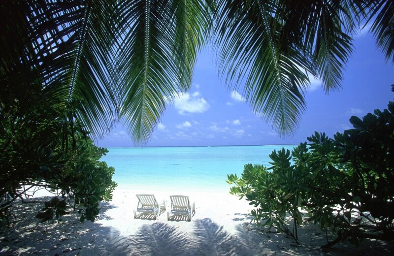 Two Lounge Chairs on Beach — Blue