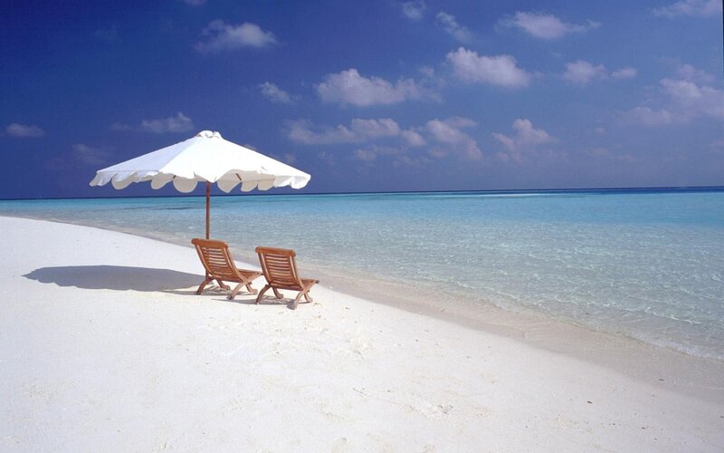 Two Lounge Chairs on Beach — White