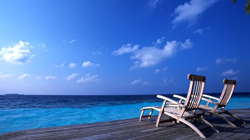 Two Lounge Chairs on Deck — Blue, Serene, Afternoon, Photograph