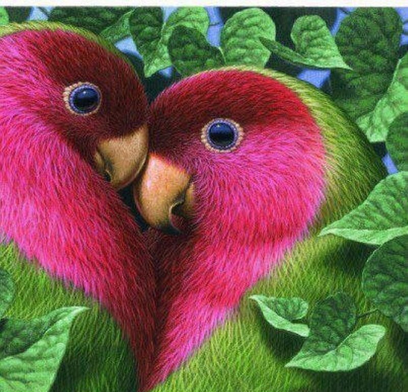 Two Lovebirds in Leaves