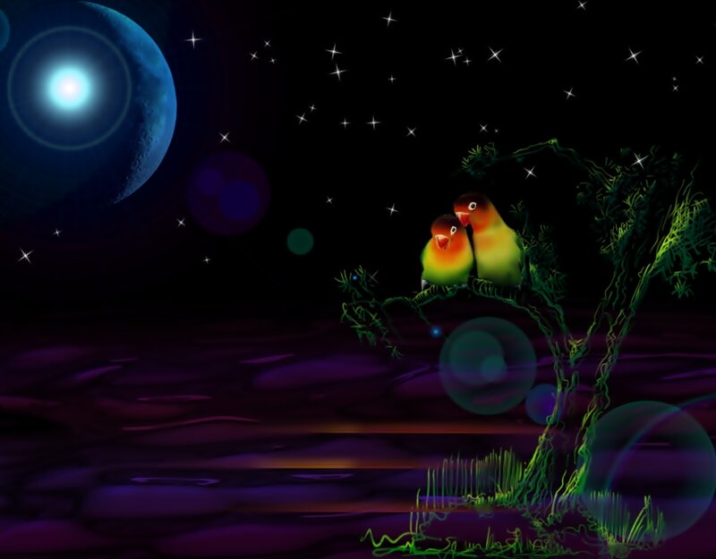 Two Lovebirds on a Branch — Purple