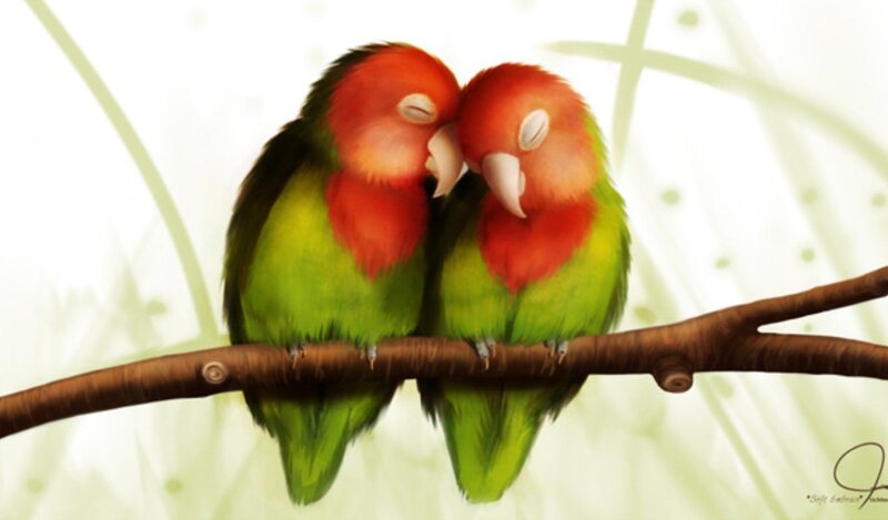 Two Lovebirds on Branch — Green, Serene, Digital Art