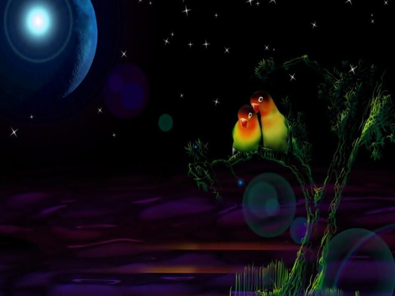 Two Lovebirds on Branch — Purple