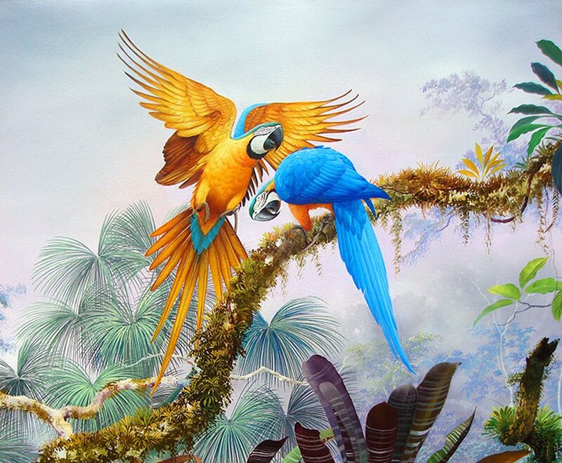 Two Macaws on Branch — Blue, Serene, Painting