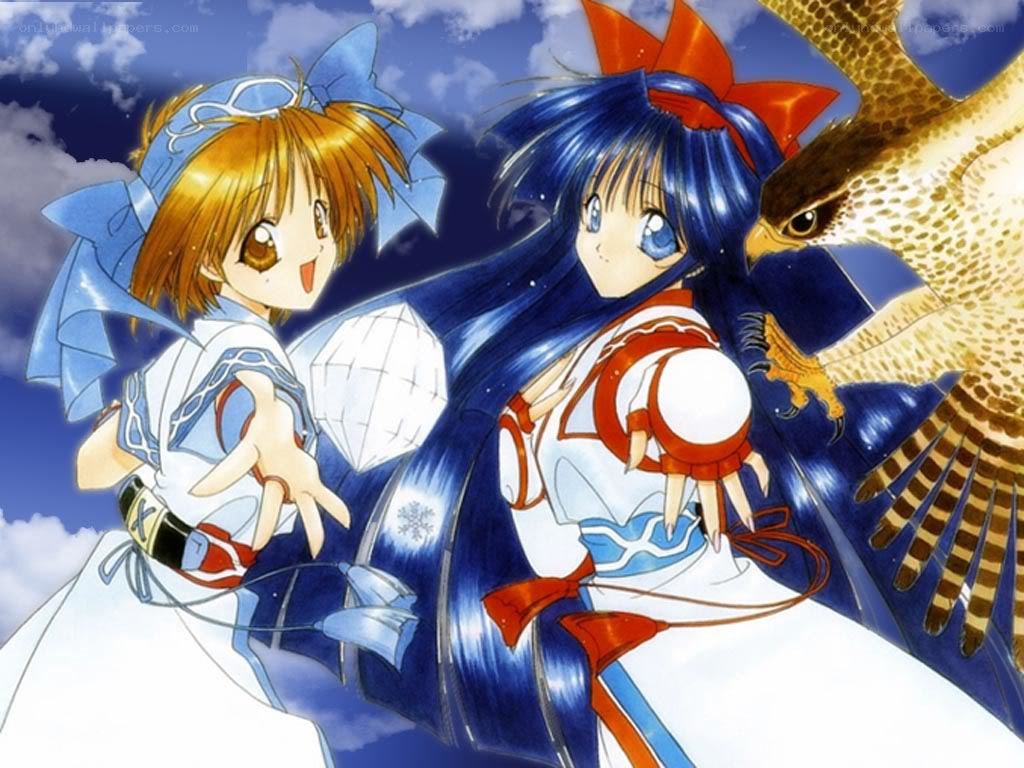 Two magical girls with a bird