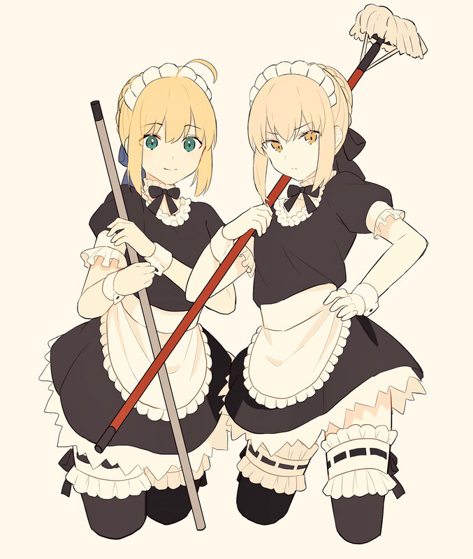 Two Maids Holding Brooms
