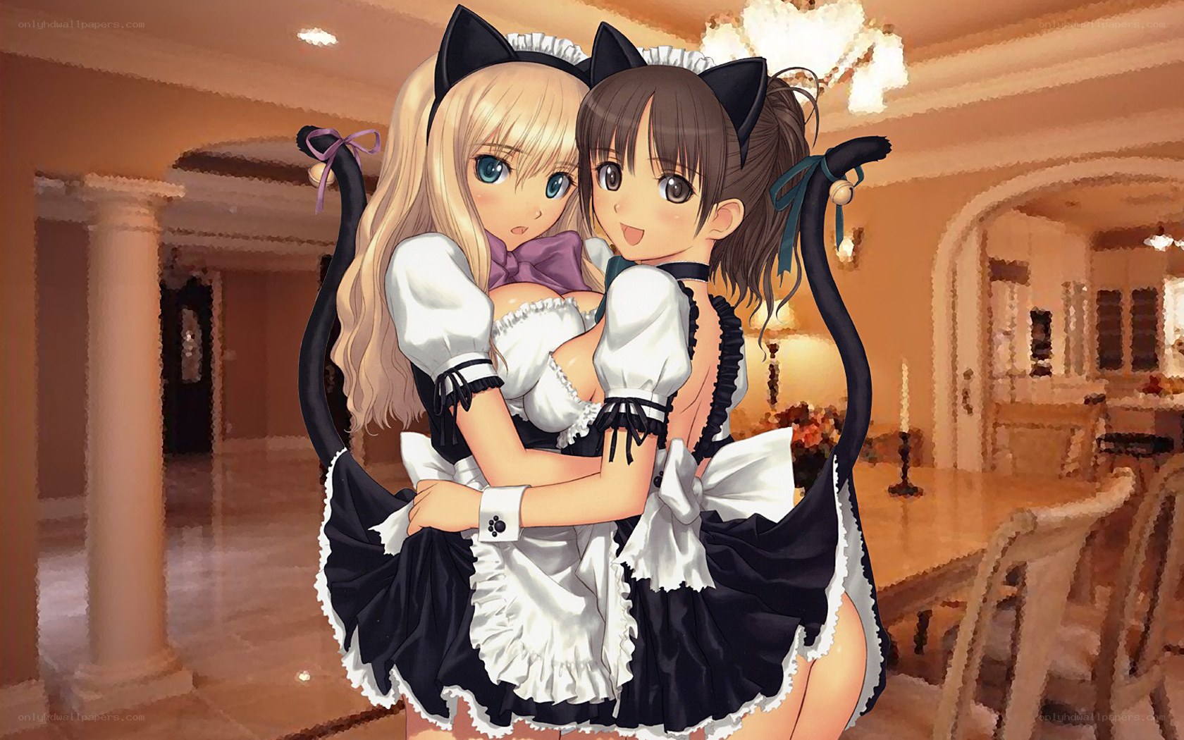 Two maids hugging in a mansion
