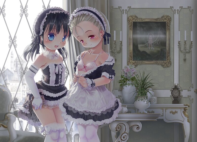 Two maids in a grand room