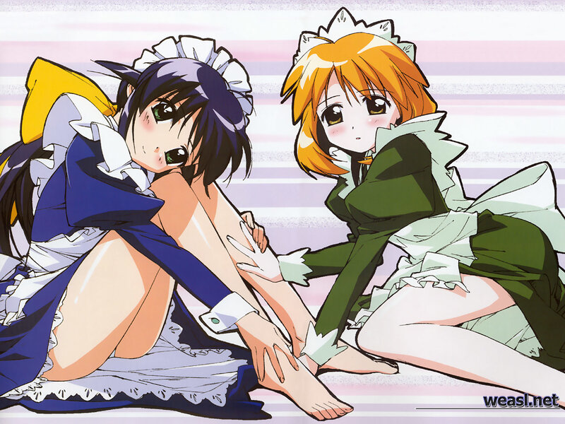 two maids in colorful uniforms