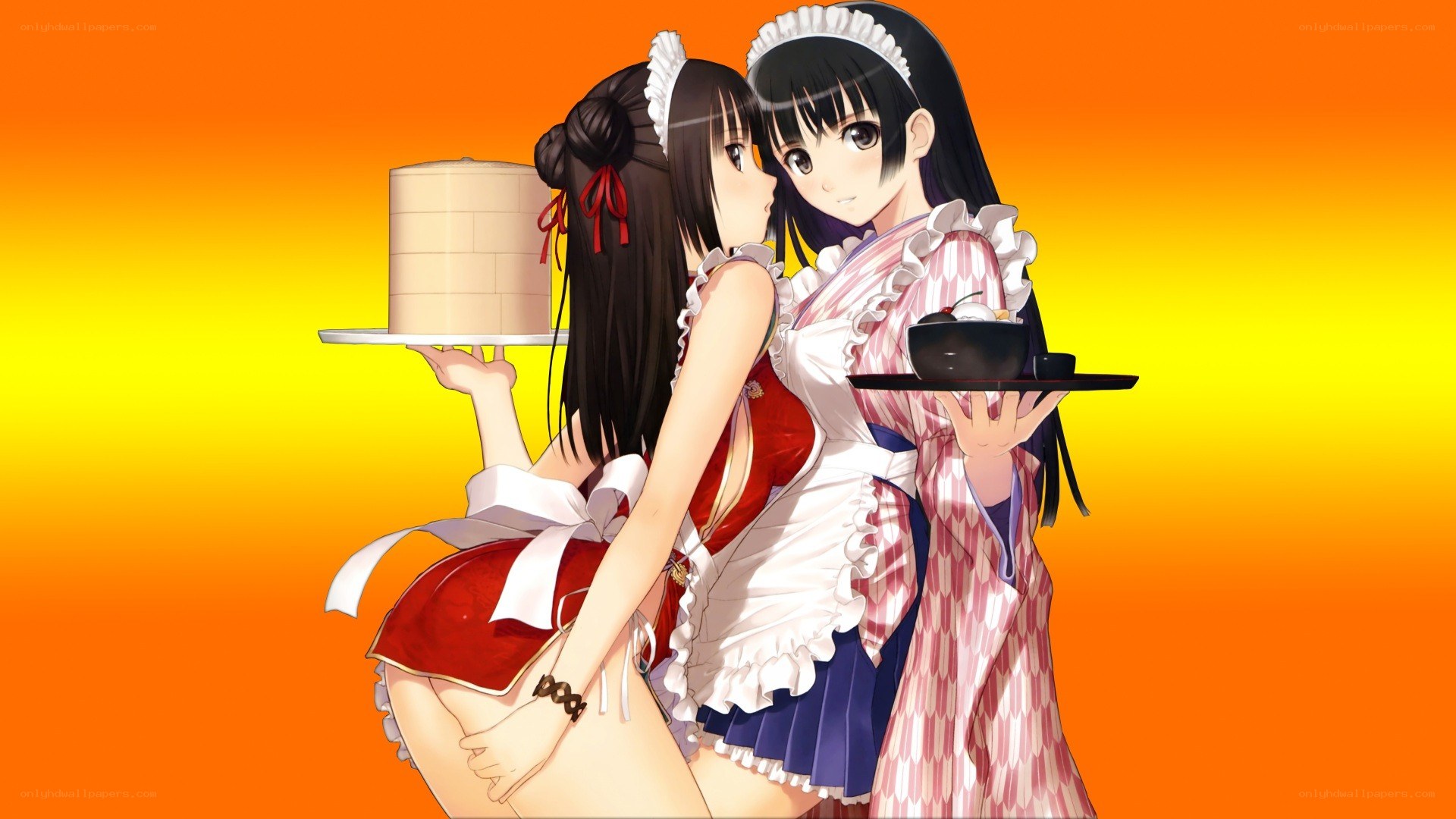 Two maids serving desserts