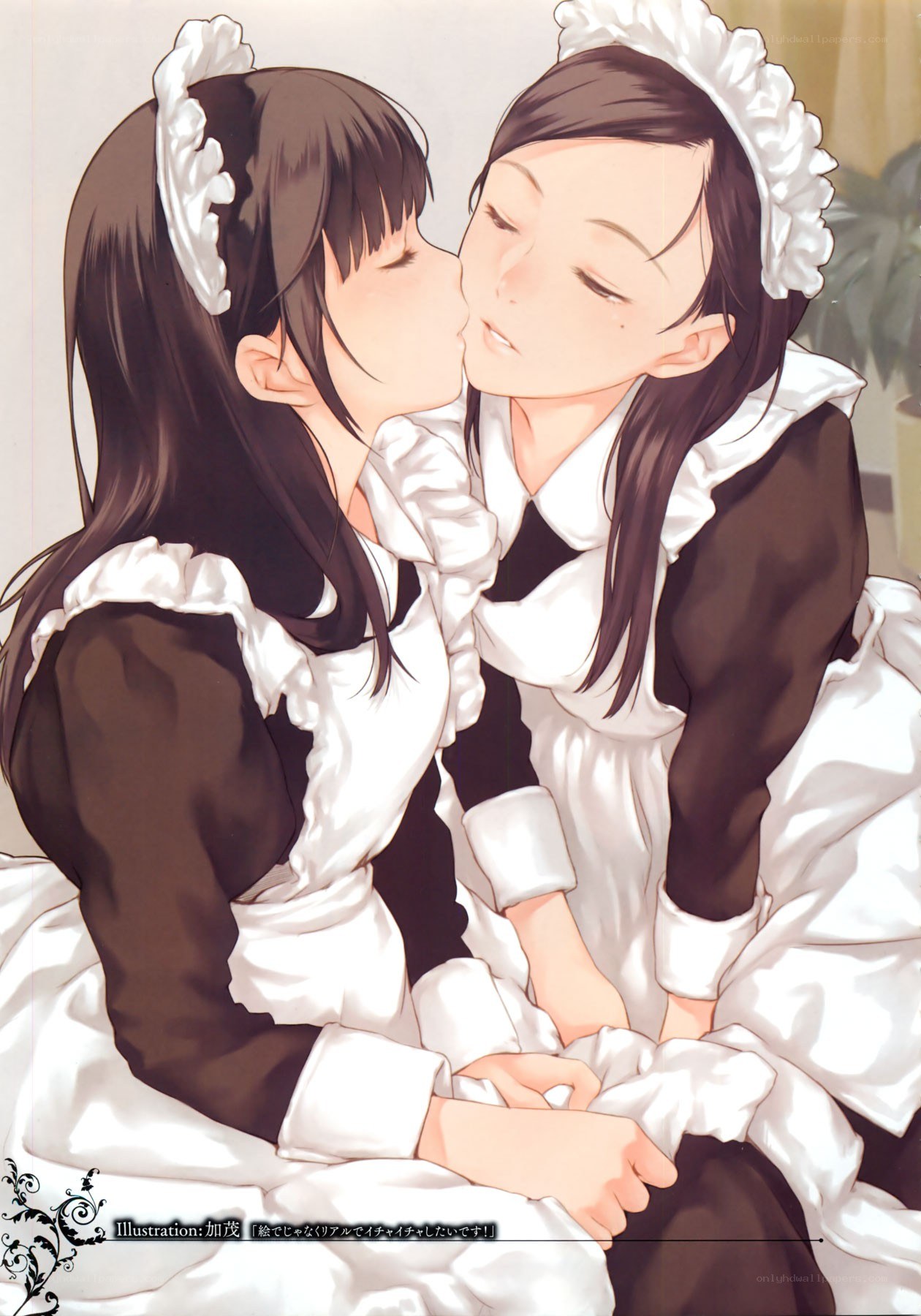 Two maids sharing a kiss