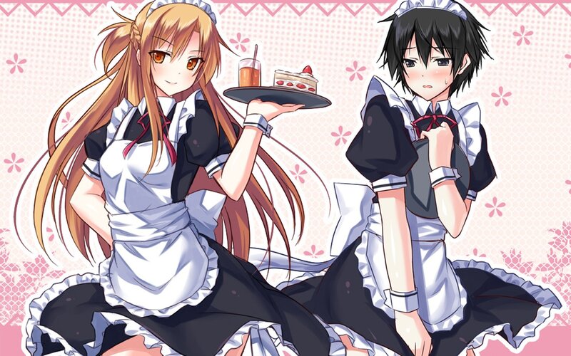 Two maids with cake and drink