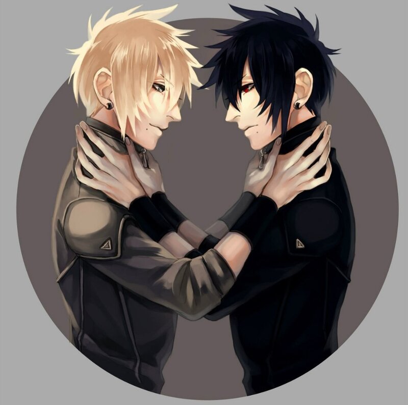 Two Male Characters Embracing — Gray, Intimate
