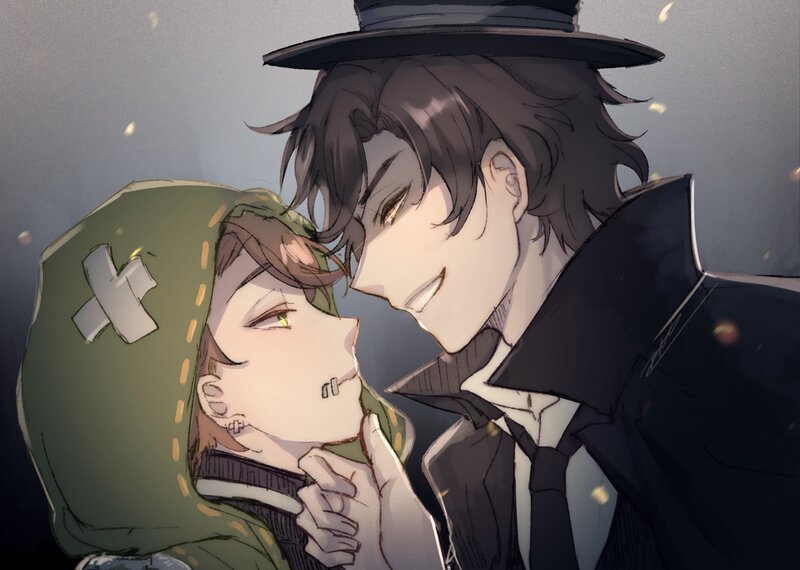 Two Male Characters Embracing — Green