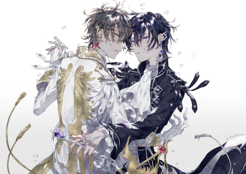 Two Male Characters Embracing — White, Dramatic, Digital Art