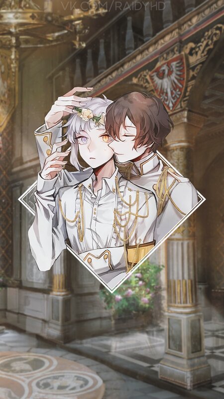 Two Male Characters Embracing — White, Romantic