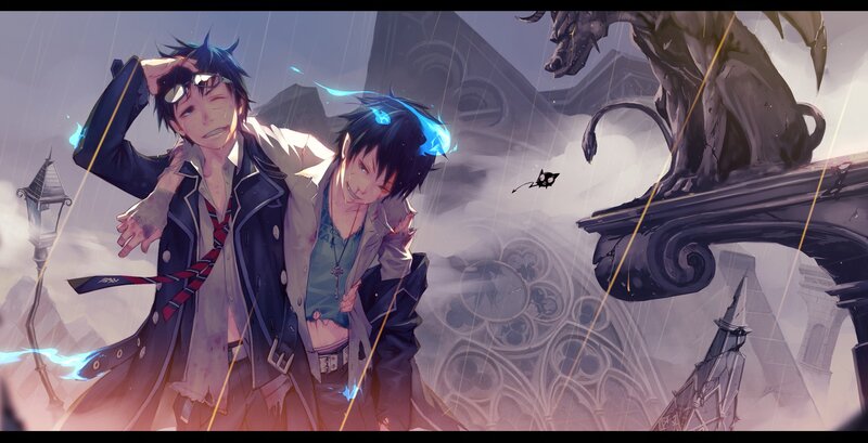 Two Male Characters in Rain — Blue