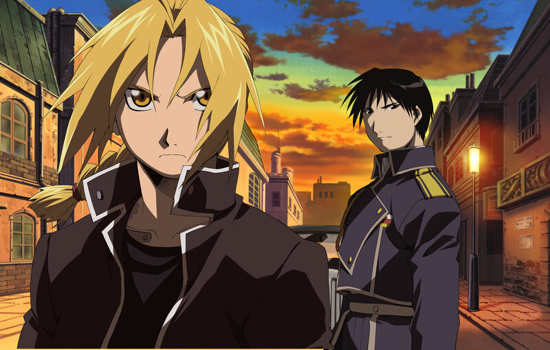 Two Male Characters — Orange, Dramatic, Sunset, Anime, City Street