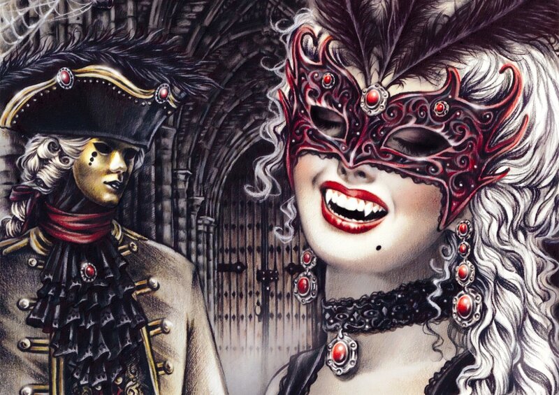Two Masked Figures — Black, Dramatic, Digital Art, Feathered Masks
