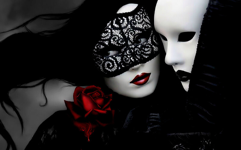 Two Masked Figures — Black, Dramatic, Digital Art, Mask, Rose, Black Lace