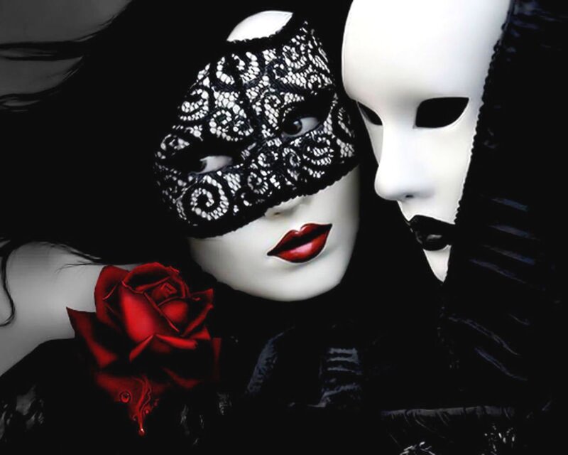 Two Masked Figures — Black, Dramatic, Digital Art, Mask, Rose