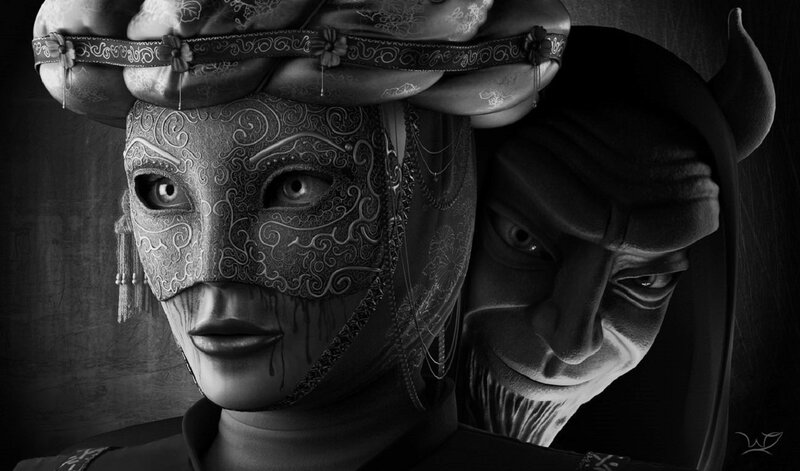 Two Masked Figures — Black, Dramatic, Digital Art, Mask